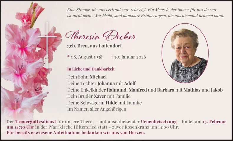 Traueranzeige Theresia Decker