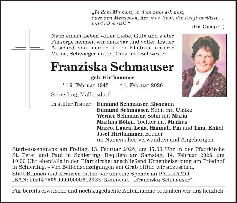 Traueranzeige Franziska Schmauser