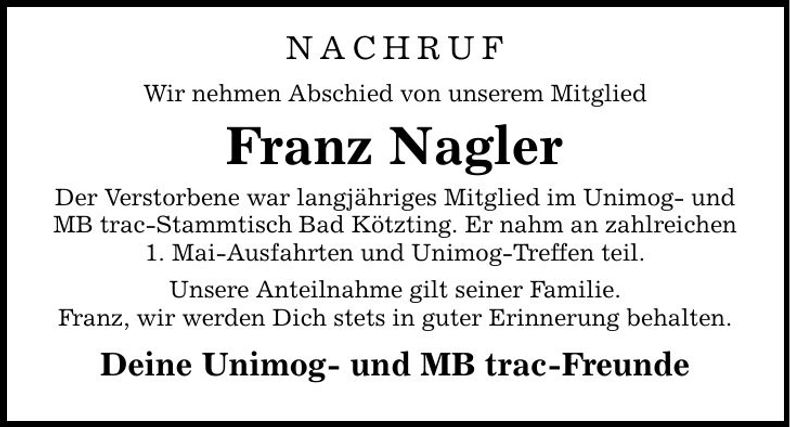 Traueranzeige Franz Nagler