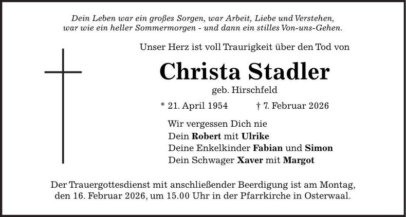 Traueranzeige Christa Stadler