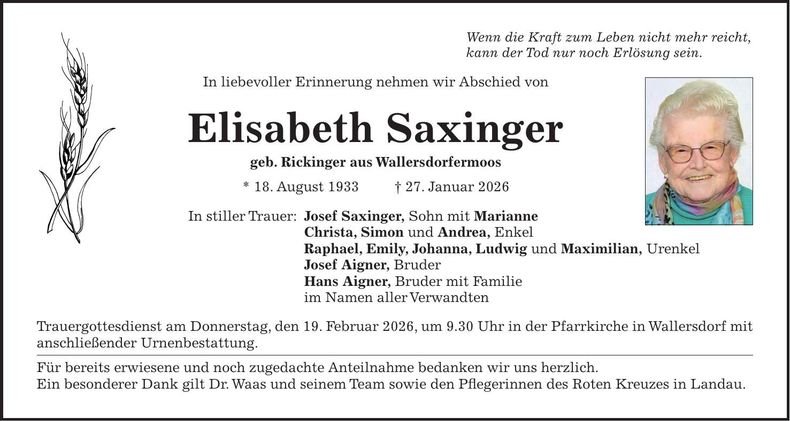 Traueranzeige Elisabeth Saxinger