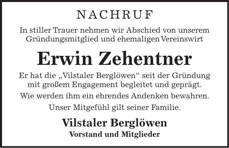Traueranzeige Erwin Zehentner