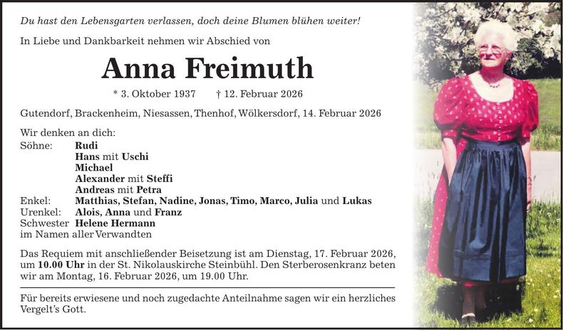 Traueranzeige Anna Freimuth
