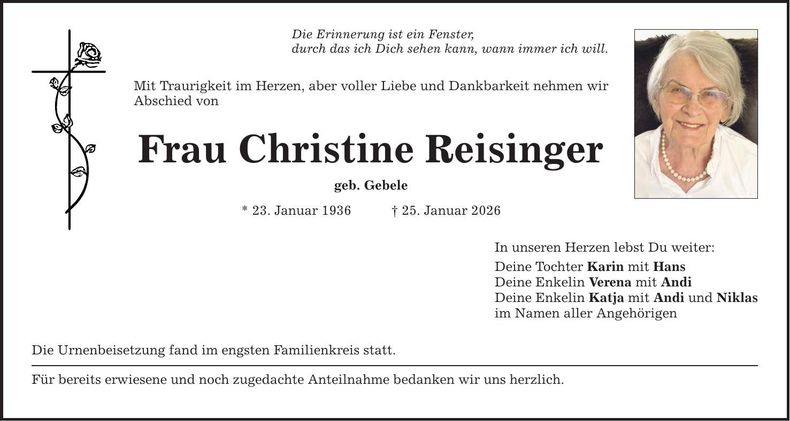 Traueranzeige Christine Reisinger