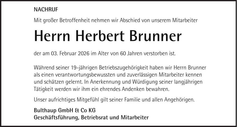 Traueranzeige Herbert Brunner