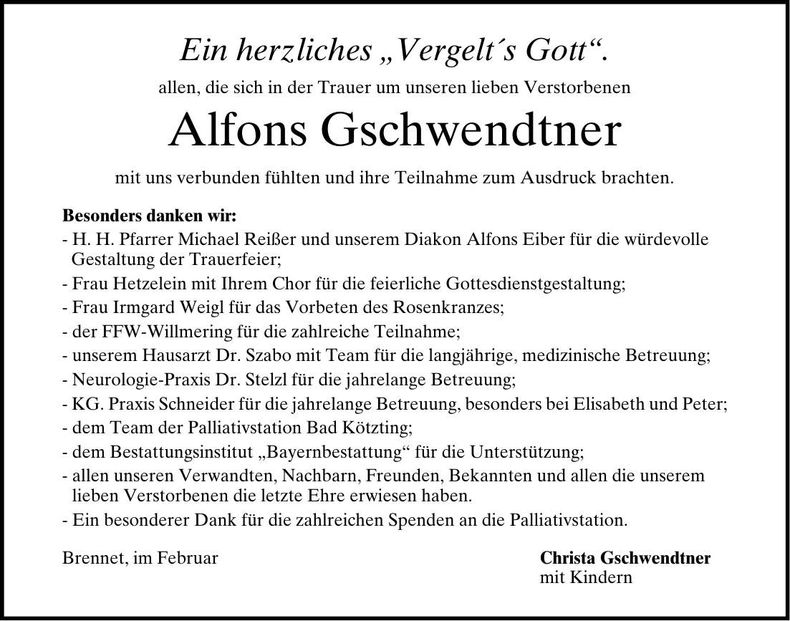Traueranzeige Alfons Gschwendtner