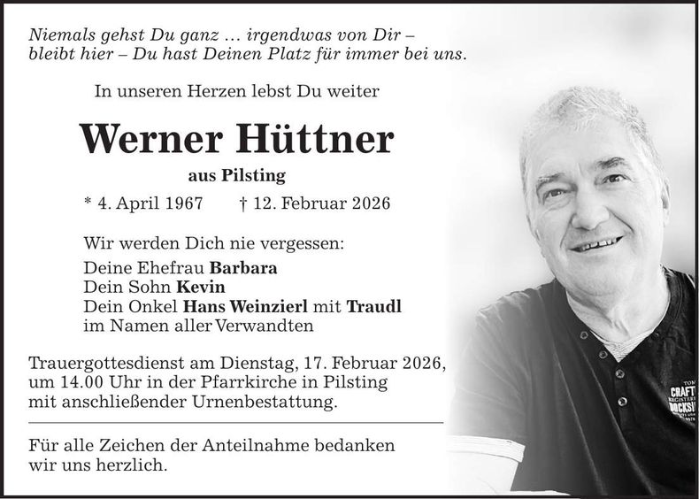 Traueranzeige Werner Hüttner