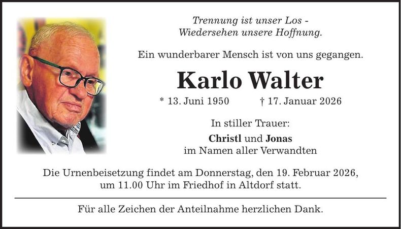 Traueranzeige Karlo Walter