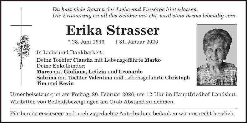 Traueranzeige Erika Strasser