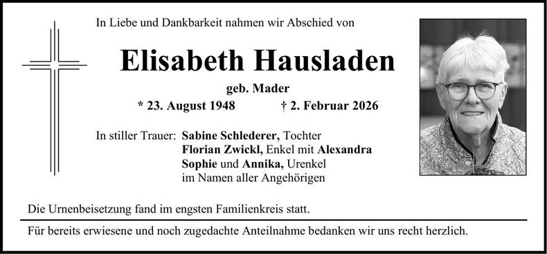 Traueranzeige Elisabeth Hausladen