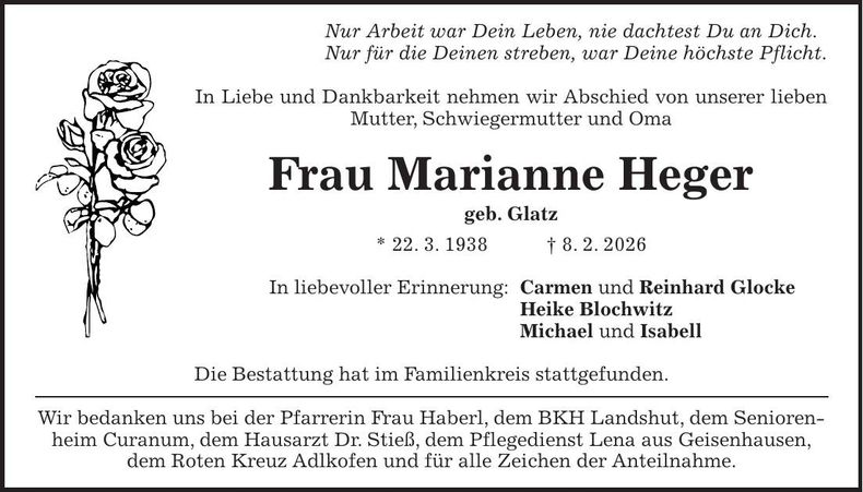 Traueranzeige Marianne Heger