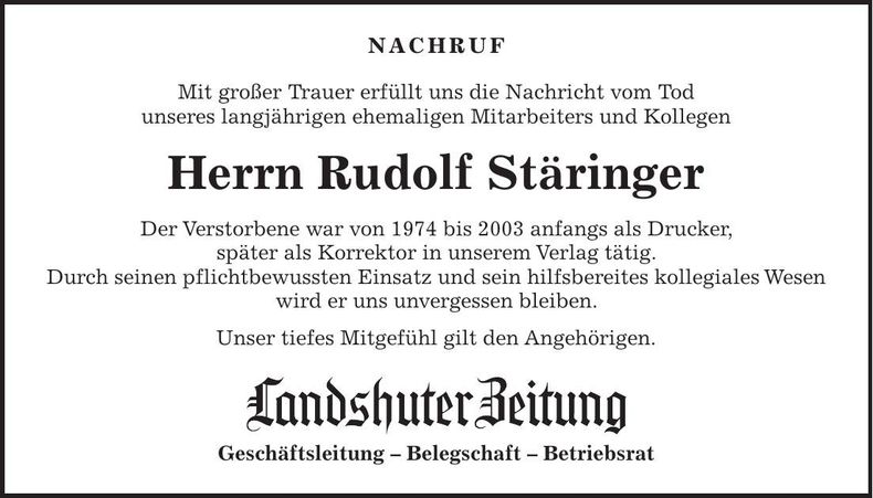 Traueranzeige Rudolf Stäringer