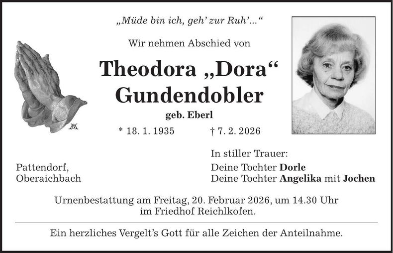 Traueranzeige Theodora Gundendobler