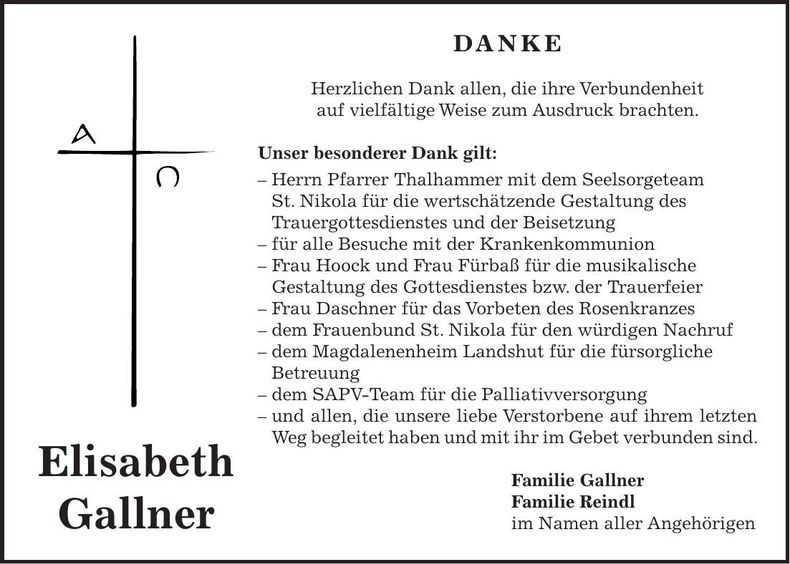 Traueranzeige Elisabeth Gallner