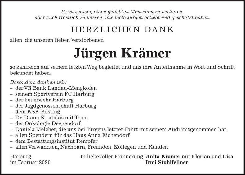 Traueranzeige Jürgen Krämer