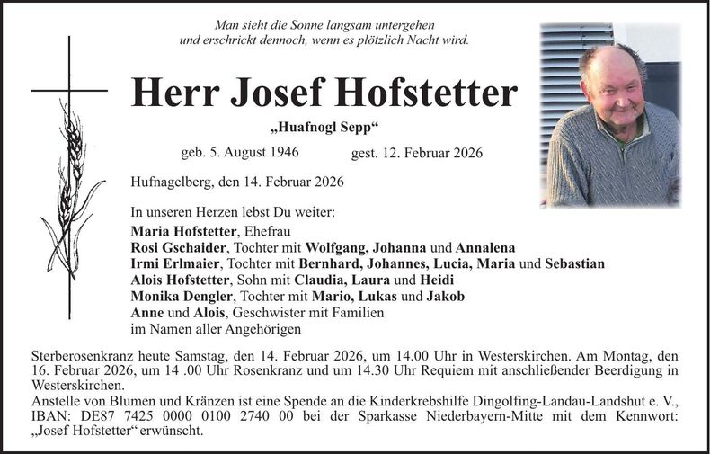 Traueranzeige Josef Hofstetter