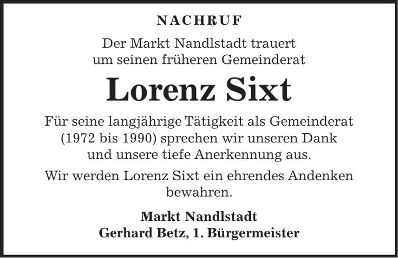 Traueranzeige Lorenz Sixt