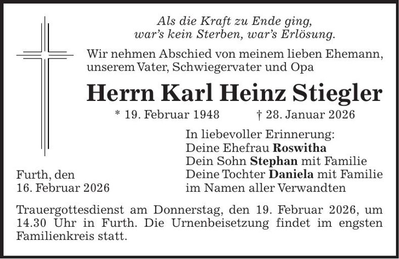 Traueranzeige Karl Heinz Stiegler