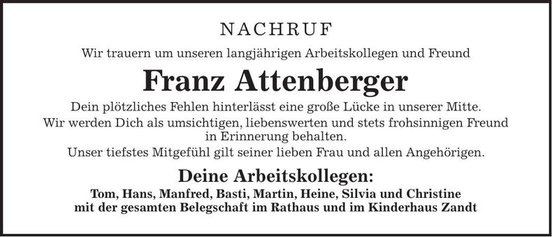 Traueranzeige Franz Attenberger