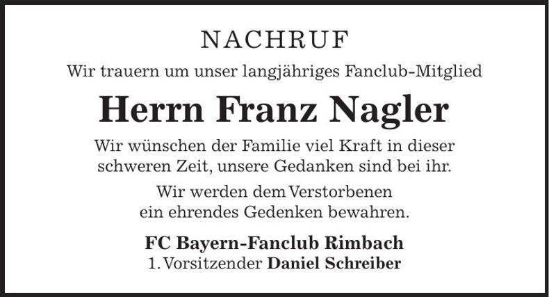 Traueranzeige Franz Nagler