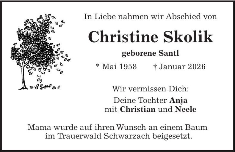 Traueranzeige Christine Skolik