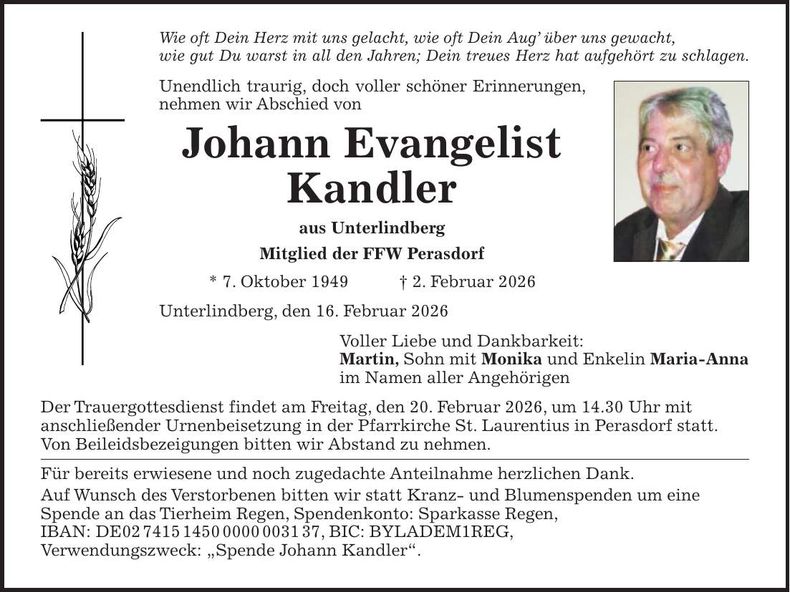 Traueranzeige Johann Evangelist Kandler