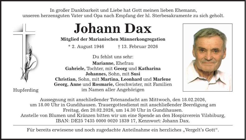 Traueranzeige Johann Dax