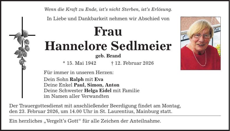 Traueranzeige Hannelore Sedlmeier