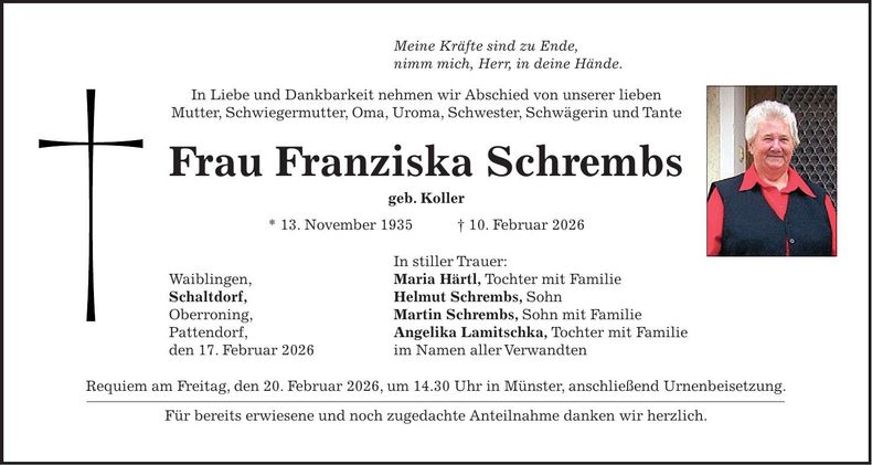 Traueranzeige Franziska Schrembs