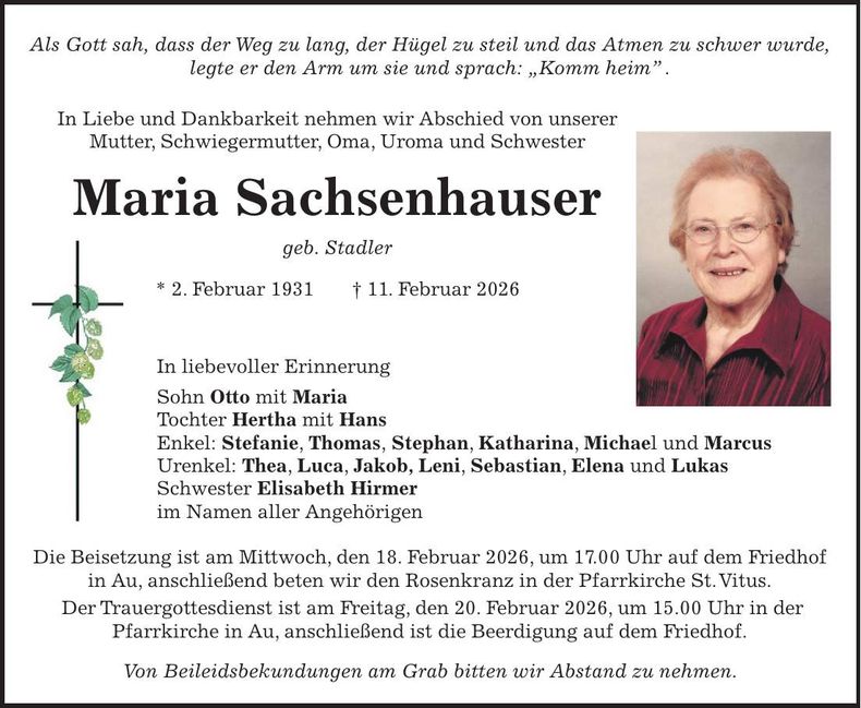 Traueranzeige Maria Sachsenhauser