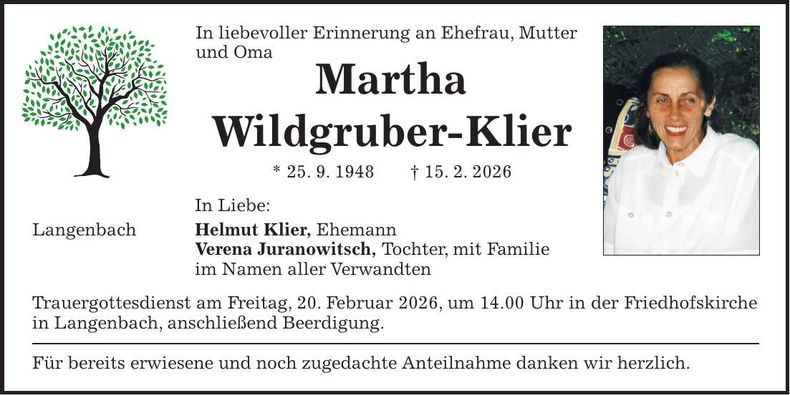 Traueranzeige Martha Wildgruber-Klier