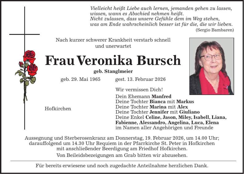 Traueranzeige Veronika Bursch