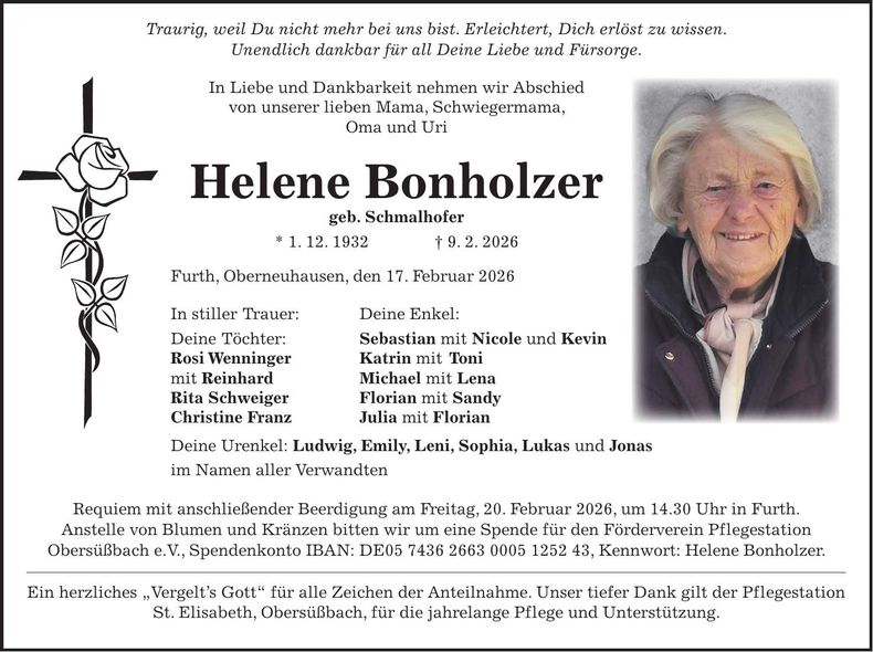 Traueranzeige Helene Bonholzer