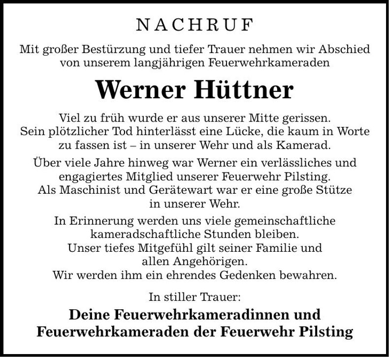 Traueranzeige Werner Hüttner