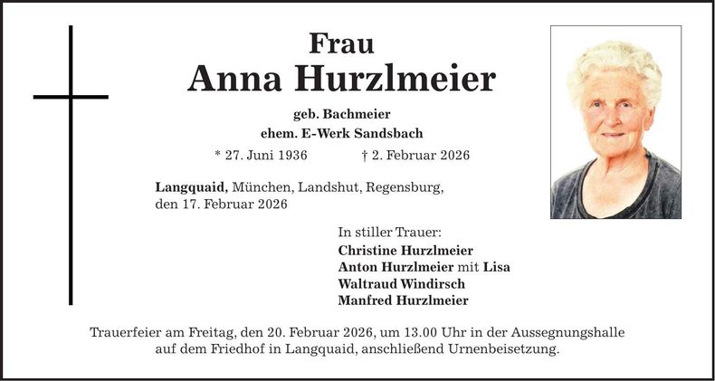 Traueranzeige Anna Hurzlmeier