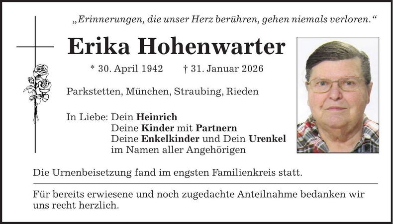 Traueranzeige Erika Hohenwarter