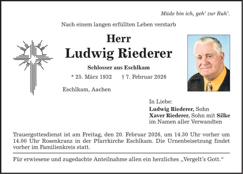 Traueranzeige Ludwig Riederer