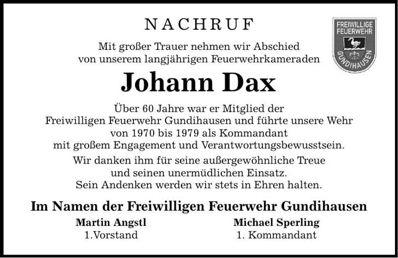 Traueranzeige Johann Dax