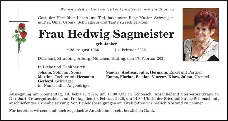 Traueranzeige Hedwig Sagmeister