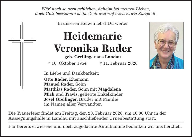 Traueranzeige Heidemarie Veronika Rader