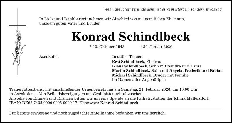 Traueranzeige Konrad Schindlbeck