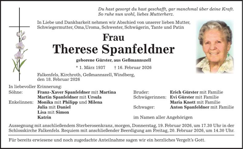 Traueranzeige Therese Spanfeldner