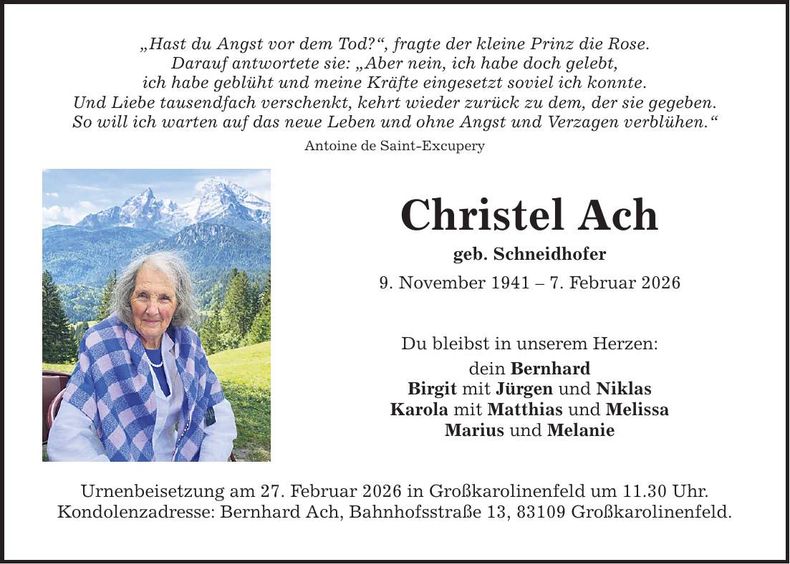 Traueranzeige Christel Ach
