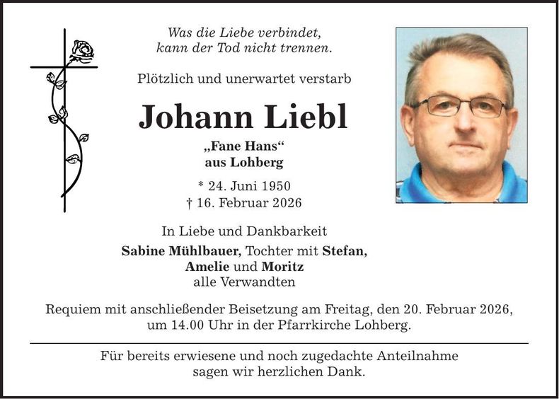 Traueranzeige Johann Liebl