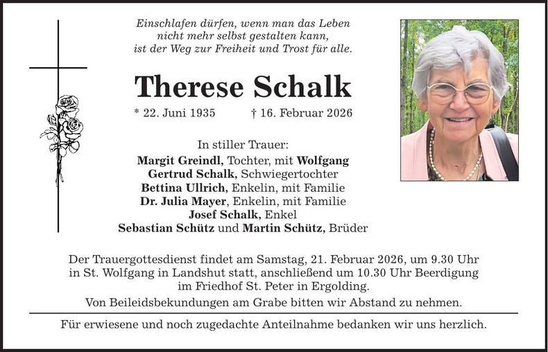 Traueranzeige Therese Schalk