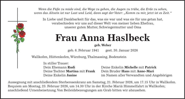 Traueranzeige Anna Haslbeck