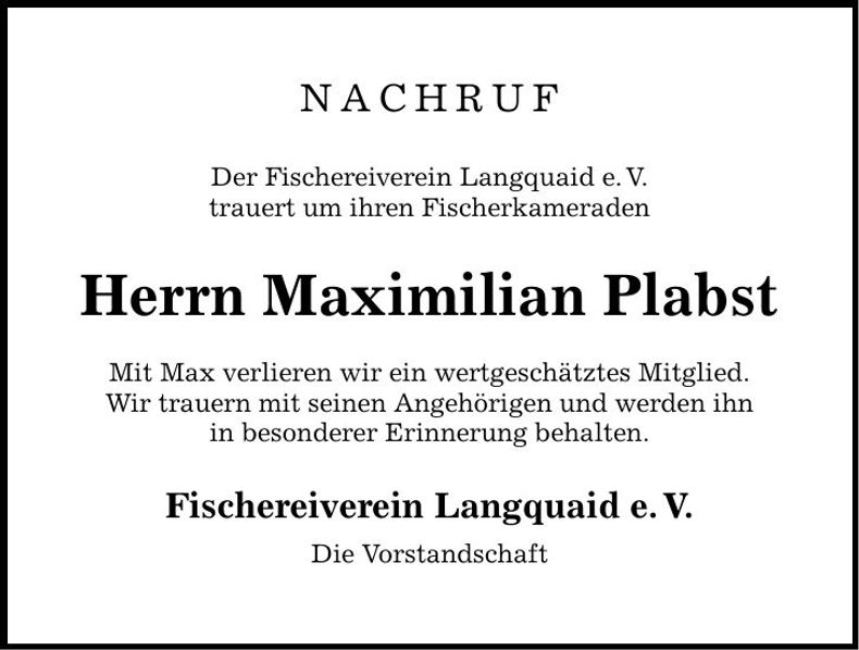 Traueranzeige Maximilian Plabst