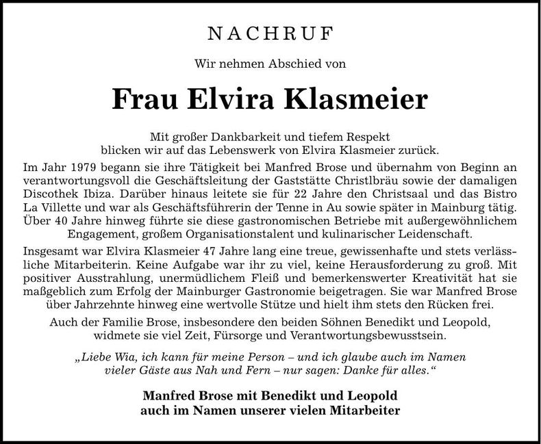 Traueranzeige Elvira Klasmeier
