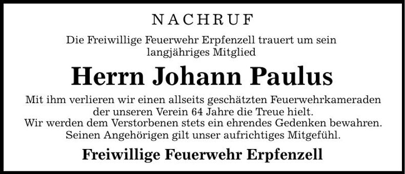 Traueranzeige Johann Paulus