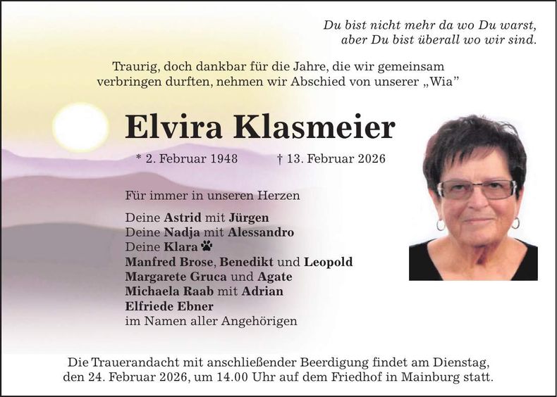 Traueranzeige Elvira Klasmeier